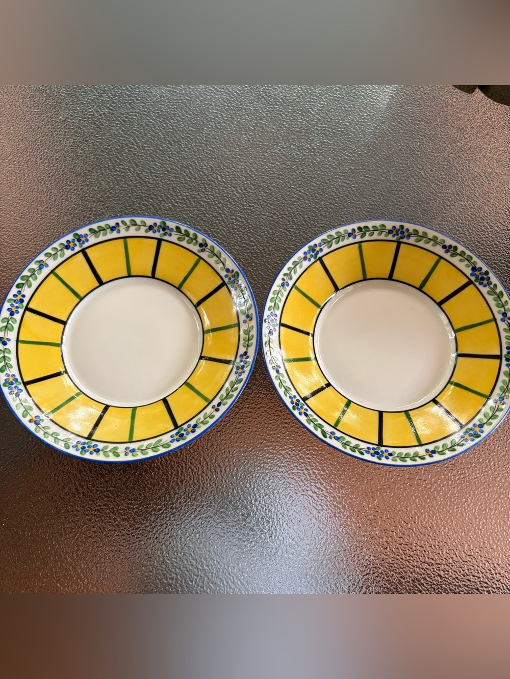 Antique Aladin France Porcelain Saucers Set of 2 Yellow Geometric Art Deco 5.5"